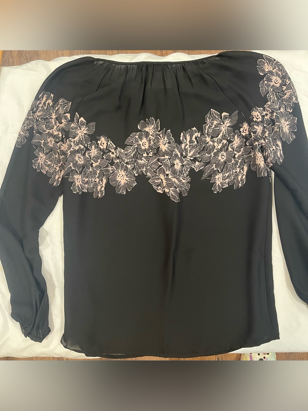 LOFT Black Off-Shoulder Blouse with Pink Floral Yoke